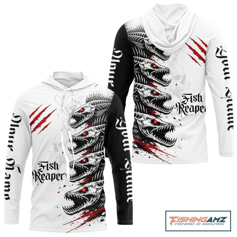 Personalized fish skeleton hooded fishing shirt, fish reaper skull fishing jersey