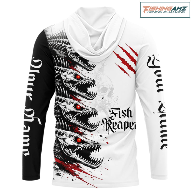 Personalized fish skeleton hooded fishing shirt, fish reaper skull fishing jersey