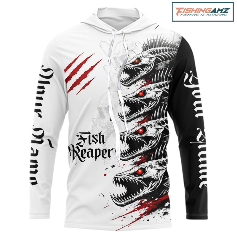 Personalized fish skeleton hooded fishing shirt, fish reaper skull fishing jersey