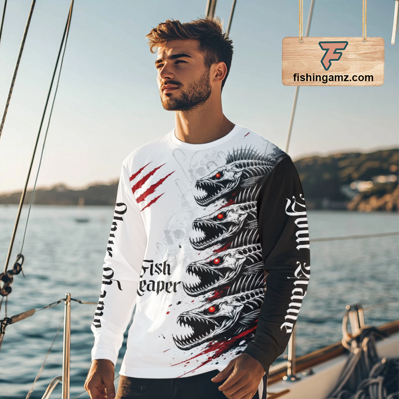Personalized fish skeleton fishing shirt, fish reaper skull fishing jersey