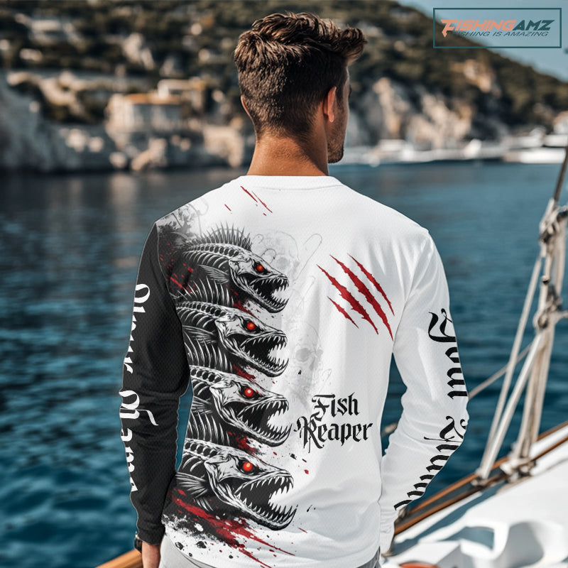 Personalized fish skeleton fishing shirt, fish reaper skull fishing jersey