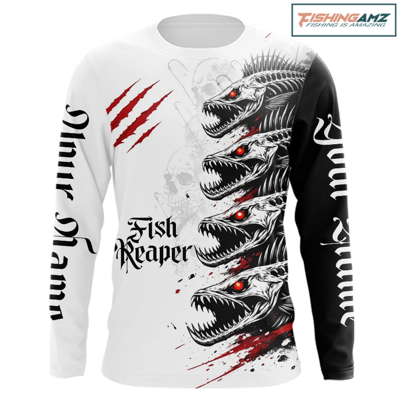 Personalized fish skeleton fishing shirt, fish reaper skull fishing jersey