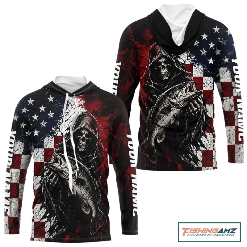 Grim Reaper Largemouth Bass Jersey – American Flag Patriotic Fisherman Long Sleeve Hooded  Fishing Shirt