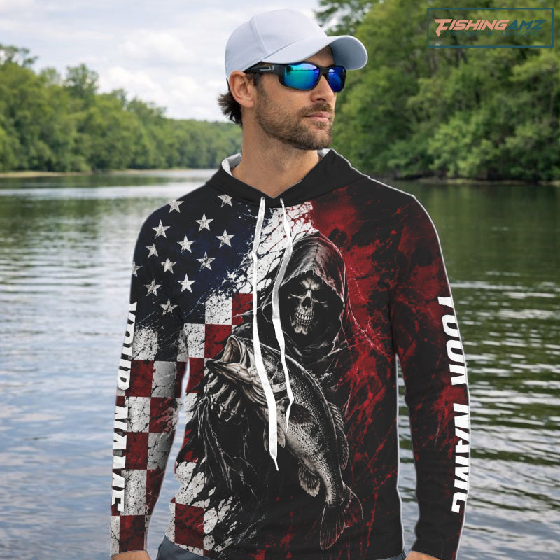 Grim Reaper Largemouth Bass Jersey – American Flag Patriotic Fisherman Long Sleeve Hooded  Fishing Shirt