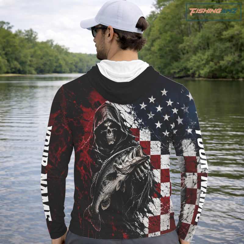 Grim Reaper Largemouth Bass Jersey – American Flag Patriotic Fisherman Long Sleeve Hooded  Fishing Shirt