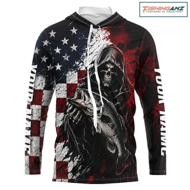 Grim Reaper Largemouth Bass Jersey – American Flag Patriotic Fisherman Long Sleeve Hooded  Fishing Shirt
