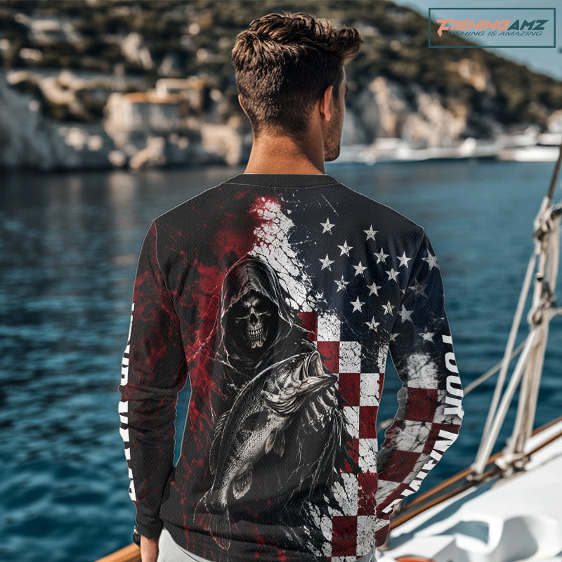 Grim Reaper Largemouth Bass Jersey – American Flag Patriotic Fisherman Long Sleeve Fishing Shirt 