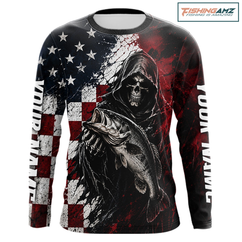 Grim Reaper Largemouth Bass Jersey – American Flag Patriotic Fisherman Long Sleeve Fishing Shirt 