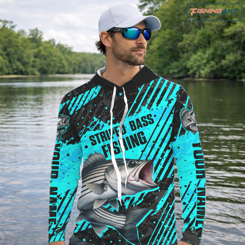 Personalized striped bass performance hooded fishing shirt long sleeve, bass fishing jersey