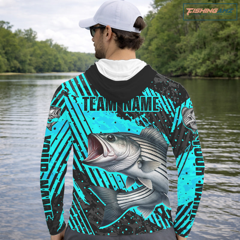 Personalized striped bass performance hooded fishing shirt long sleeve, bass fishing jersey