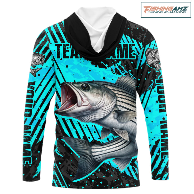 Personalized striped bass performance hooded fishing shirt long sleeve, bass fishing jersey