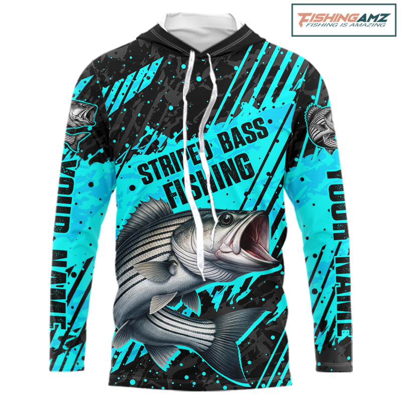 Personalized striped bass performance hooded fishing shirt long sleeve, bass fishing jersey