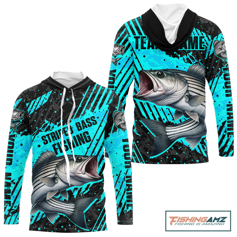 Personalized striped bass performance hooded fishing shirt long sleeve, bass fishing jersey