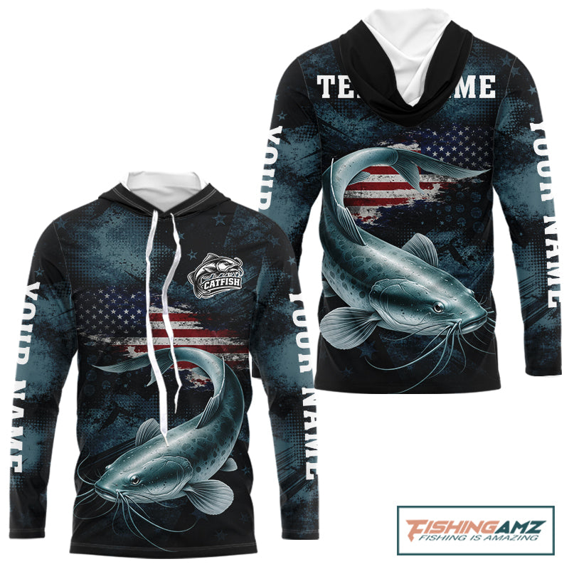 Personalized American Flag Catfish Fishing Shirts Long Sleeve Hooded, Patriotic Catfish Fishing  NHT523
