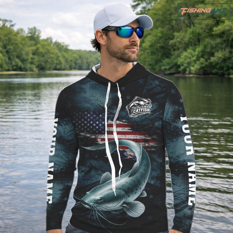 Personalized American Flag Catfish Fishing Shirts Long Sleeve Hooded, Patriotic Catfish Fishing  NHT523