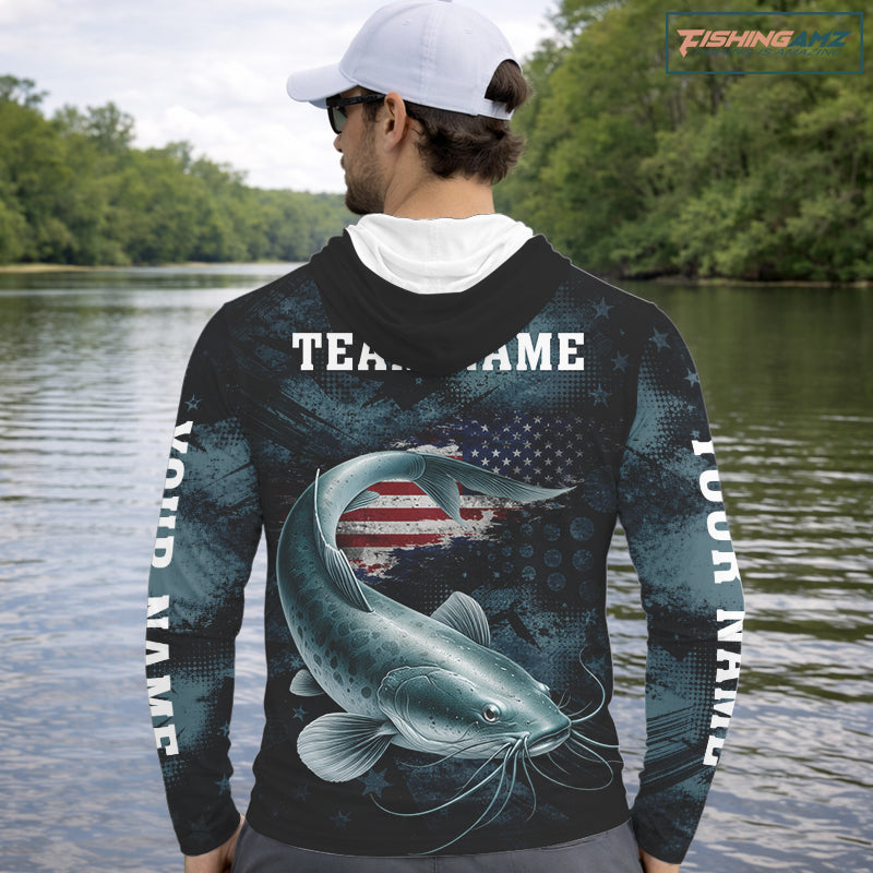 Personalized American Flag Catfish Fishing Shirts Long Sleeve Hooded, Patriotic Catfish Fishing  NHT523