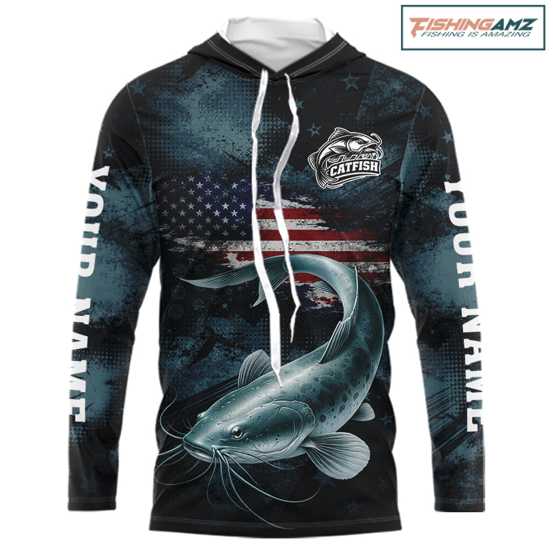Personalized American Flag Catfish Fishing Shirts Long Sleeve Hooded, Patriotic Catfish Fishing  NHT523