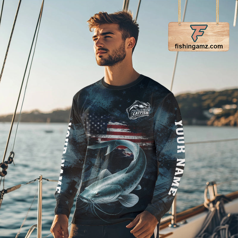 Personalized American Flag Catfish Fishing Shirts Long Sleeve, Patriotic Catfish Fishing  NHT523
