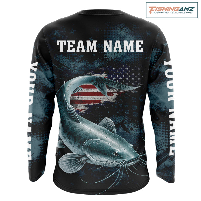 Personalized American Flag Catfish Fishing Shirts Long Sleeve, Patriotic Catfish Fishing  NHT523