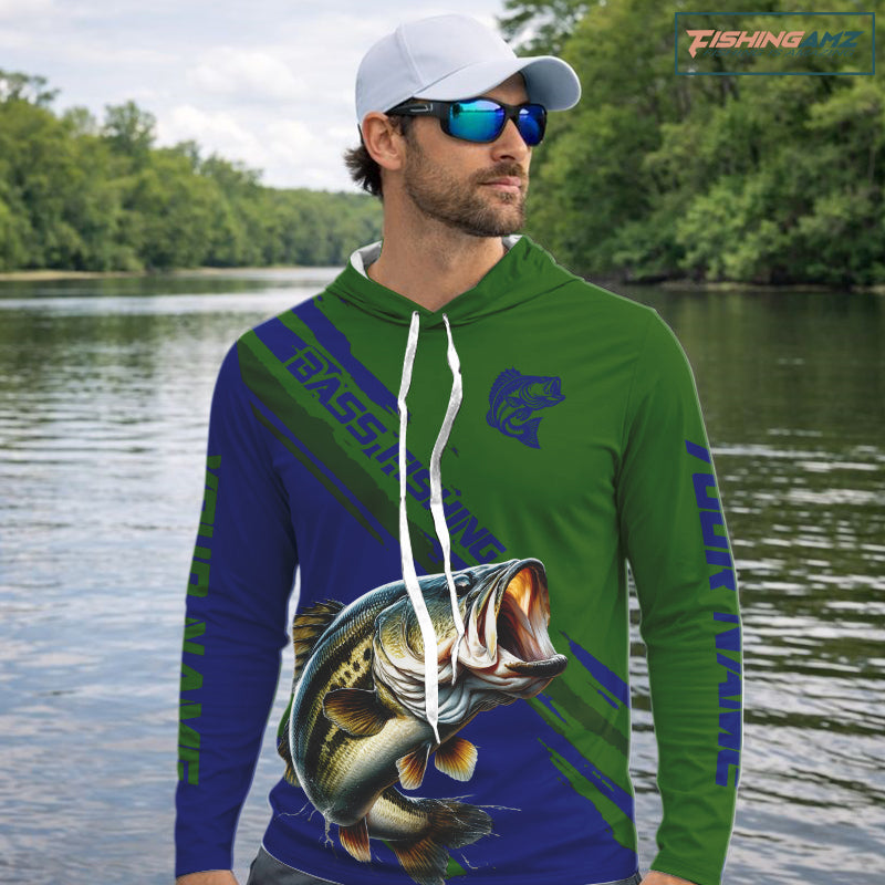 Green Blue Bass Fishing Shirt Long Sleeve Fishing Apparel For Men, Hooded Fishing Shirt For Fisher NHT873
