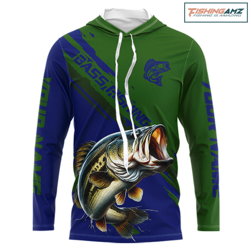 Green Blue Bass Fishing Shirt Long Sleeve Fishing Apparel For Men, Hooded Fishing Shirt For Fisher NHT873