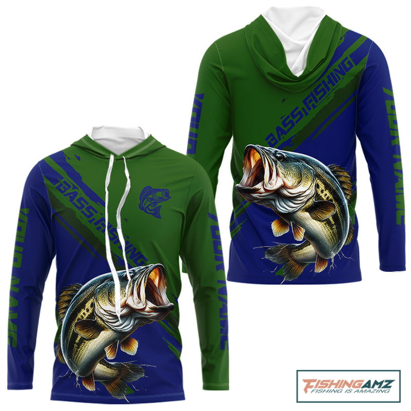 Green Blue Bass Fishing Shirt Long Sleeve Fishing Apparel For Men, Hooded Fishing Shirt For Fisher NHT873