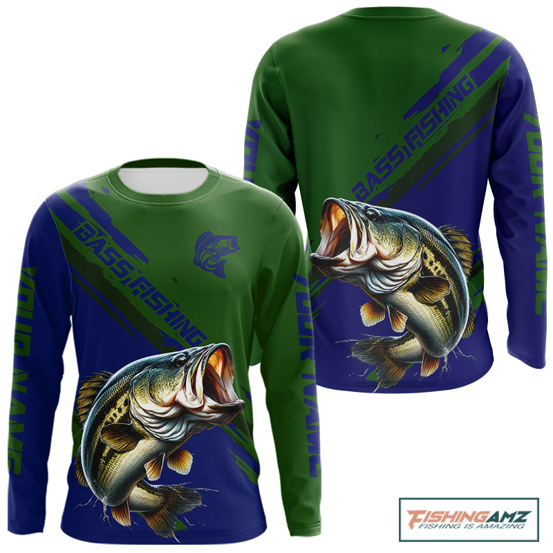 Green Blue Bass Fishing Shirt Long Sleeve Fishing Apparel For Men, Fishing Shirt For Fisher NHT873