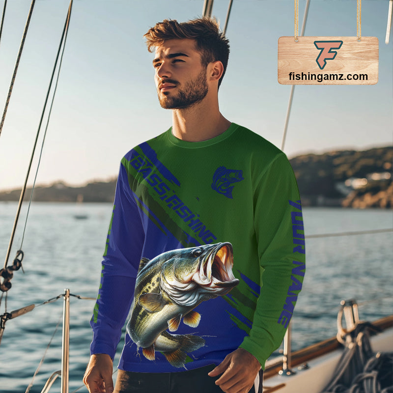 Green Blue Bass Fishing Shirt Long Sleeve Fishing Apparel For Men, Fishing Shirt For Fisher NHT873