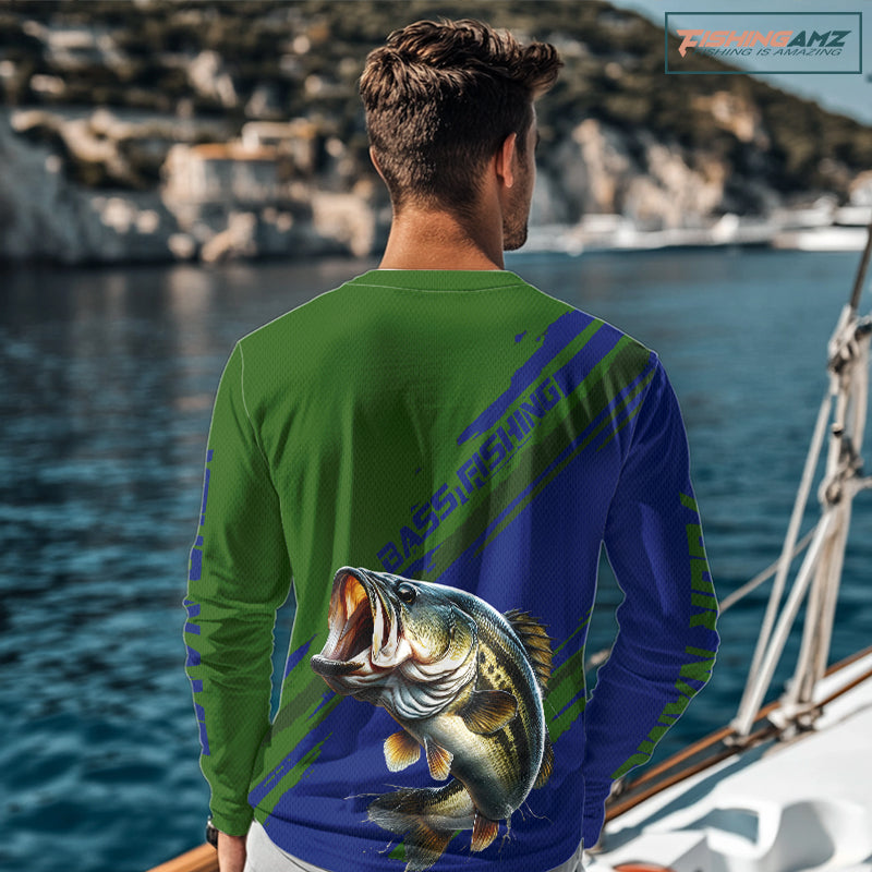 Green Blue Bass Fishing Shirt Long Sleeve Fishing Apparel For Men, Fishing Shirt For Fisher NHT873