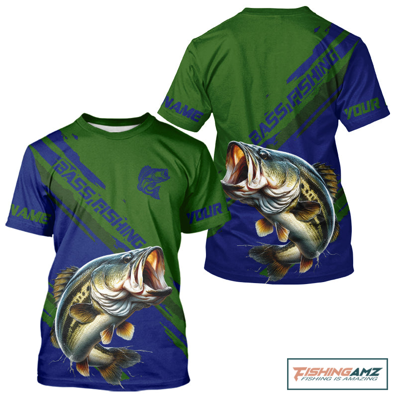 Green Blue Bass Fishing Apparel For Men, Short Sleeve Fishing T-shirts For Fisher NHT873