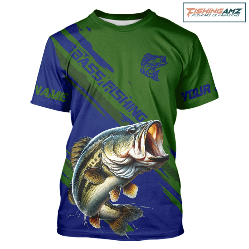 Green Blue Bass Fishing Apparel For Men, Short Sleeve Fishing T-shirts For Fisher NHT873