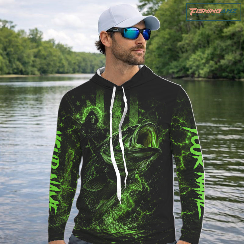 Grim Reaper Bass Fishing Jersey, Largemouth Bass Long Sleeve Hooded Performance Fishing Shirt|Green NHT1211
