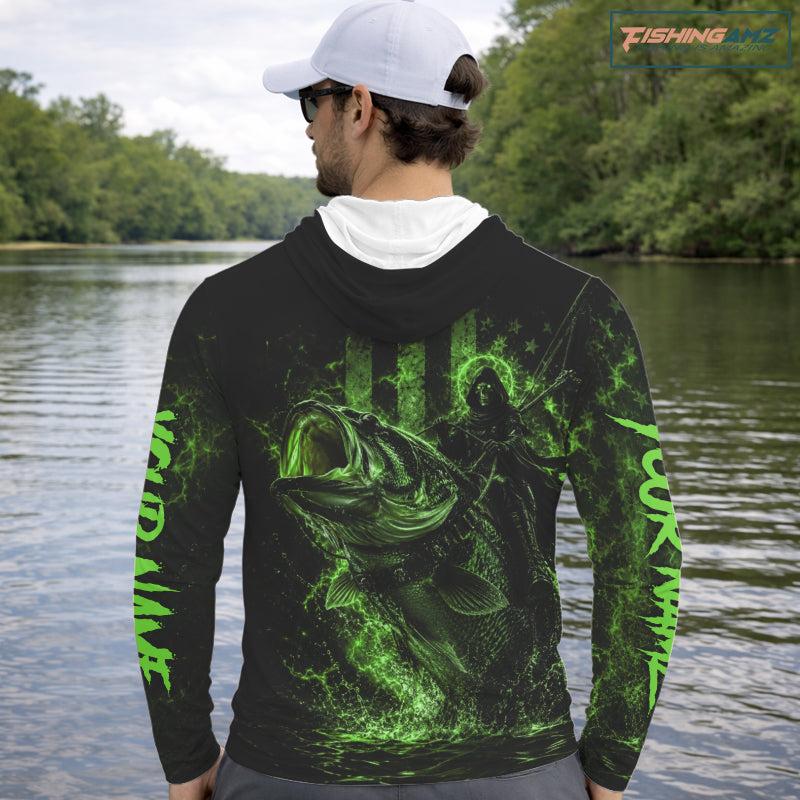 Grim Reaper Bass Fishing Jersey, Largemouth Bass Long Sleeve Hooded Performance Fishing Shirt|Green NHT1211