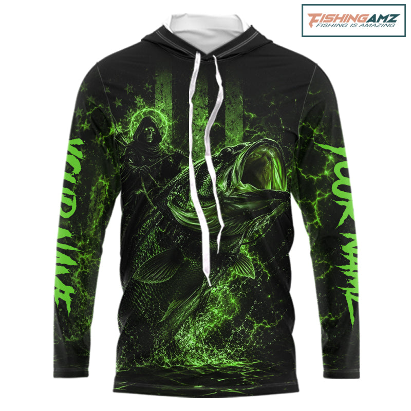 Green Grim Reaper Bass Fishing Jersey hooded long sleeve with largemouth bass graphic and performance fit.