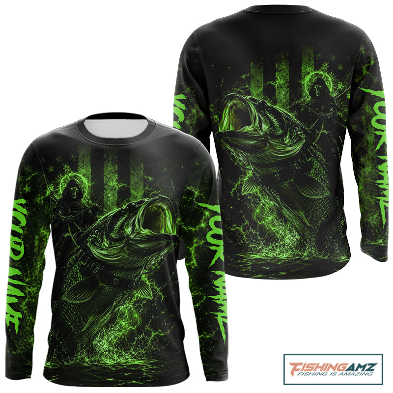 Back view of green bass fishing shirt made from breathable polyester with UPF 30+ sun protection