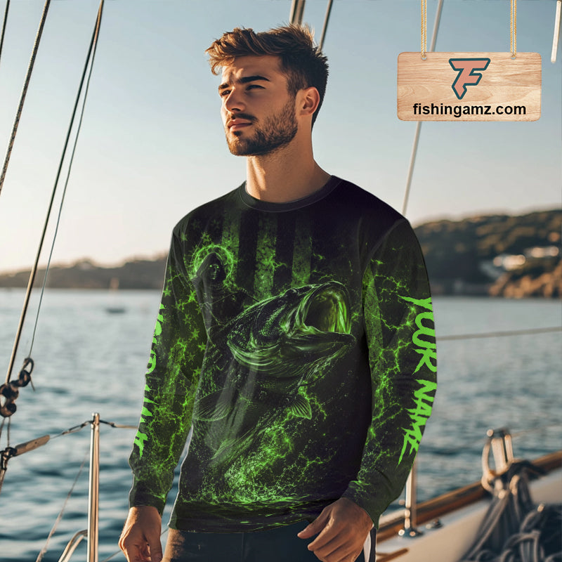 Grim Reaper Bass Fishing Jersey, Largemouth Bass Long Sleeve Performance Fishing Shirt|Green NHT1211