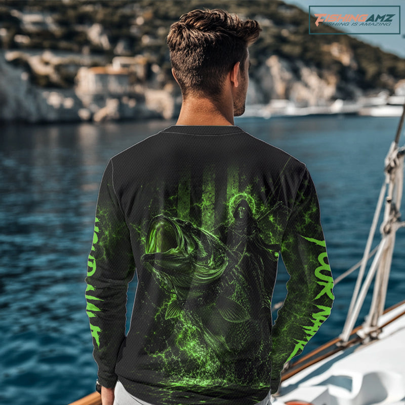 Grim Reaper Bass Fishing Jersey, Largemouth Bass Long Sleeve Performance Fishing Shirt|Green NHT1211