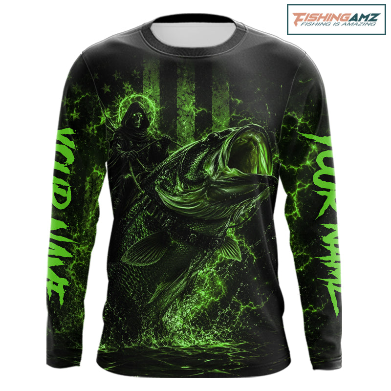 Green Grim Reaper Bass Fishing Jersey long sleeve with largemouth bass graphic and performance fit.