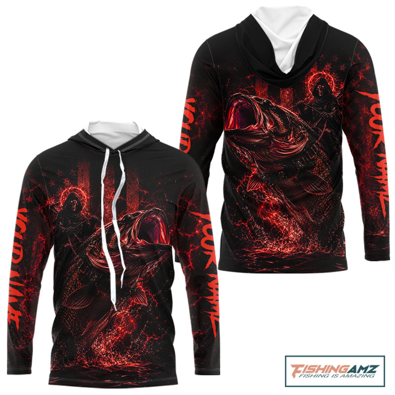 Back view of red hooded fishing shirt made from lightweight polyester with UPF 30+ sun protection.