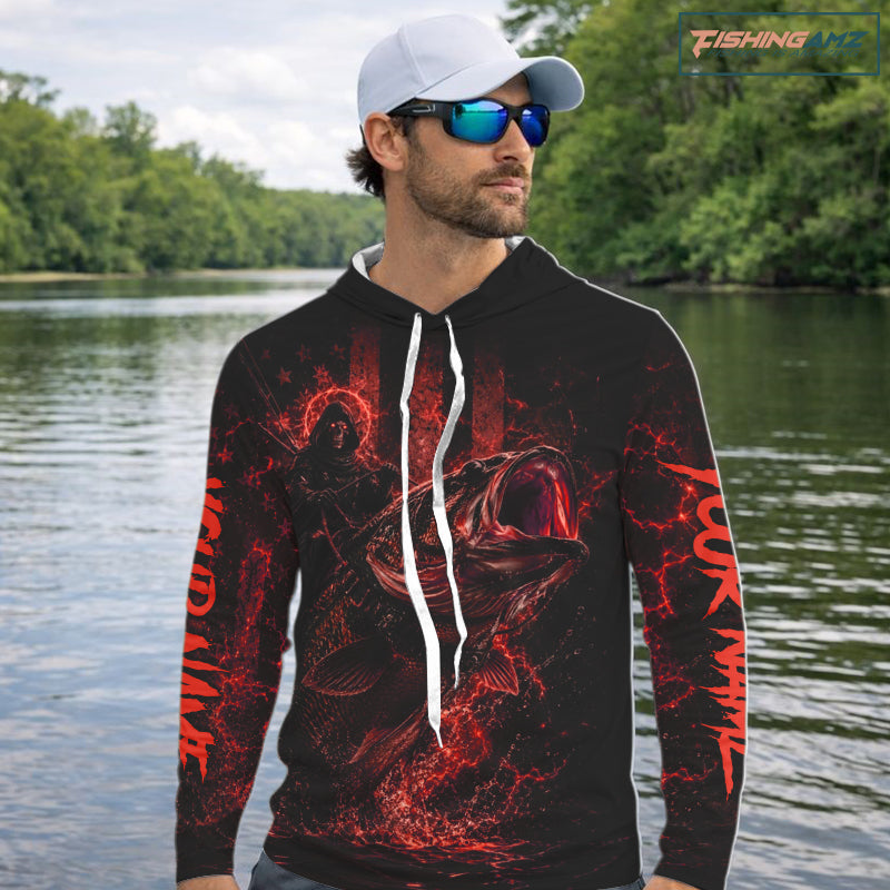 Grim Reaper Bass Fishing Jersey, Largemouth Bass Long Sleeve Hooded Performance Fishing Shirt|Red NHT1212
