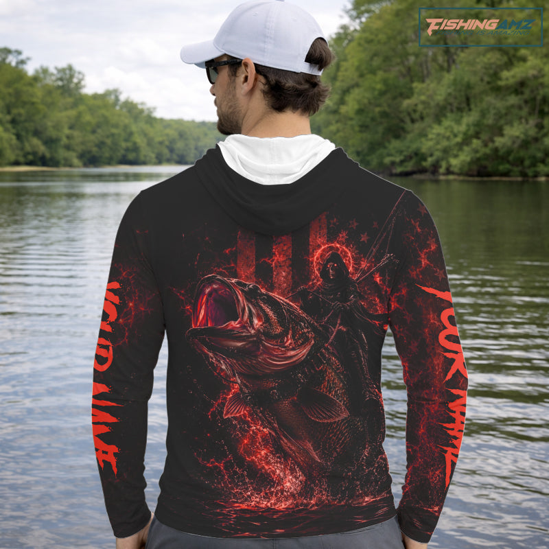 Grim Reaper Bass Fishing Jersey, Largemouth Bass Long Sleeve Hooded Performance Fishing Shirt|Red NHT1212