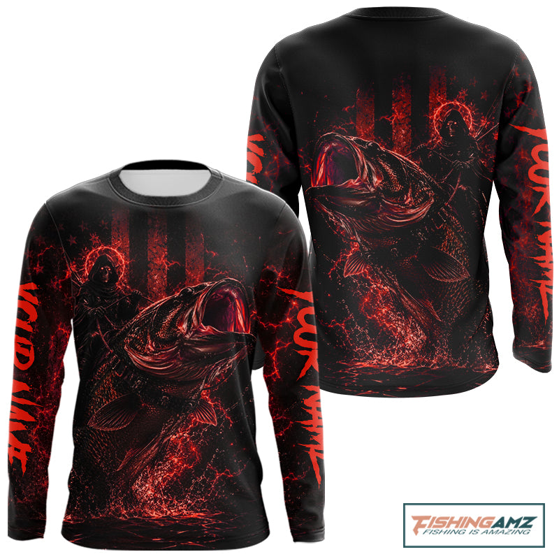 Back view of red bass fishing shirt made from breathable polyester with UPF 30+ sun protection.