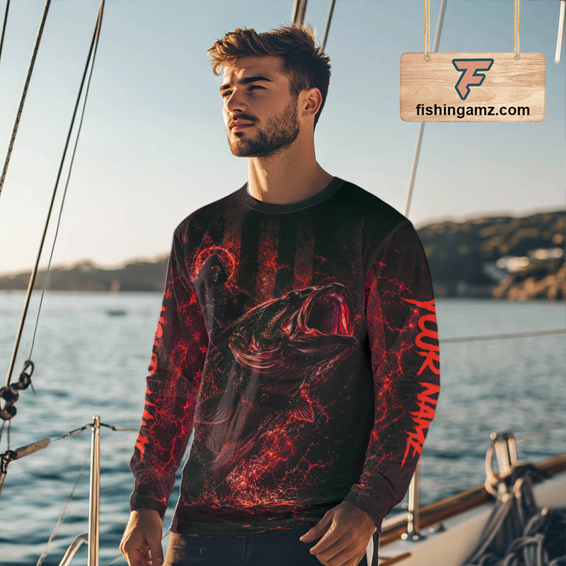 Grim Reaper Bass Fishing Jersey, Largemouth Bass Long Sleeve Performance Fishing Shirt|Red NHT1212