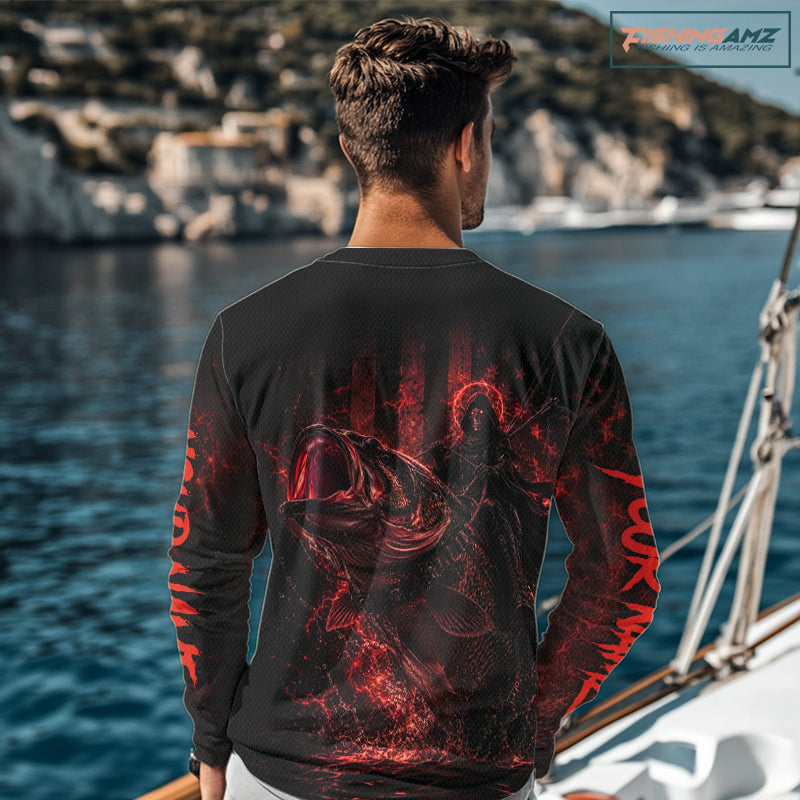 Grim Reaper Bass Fishing Jersey, Largemouth Bass Long Sleeve Performance Fishing Shirt|Red NHT1212