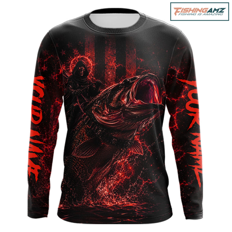 Red Grim Reaper Bass Fishing Jersey long sleeve with largemouth bass graphic and performance fit.