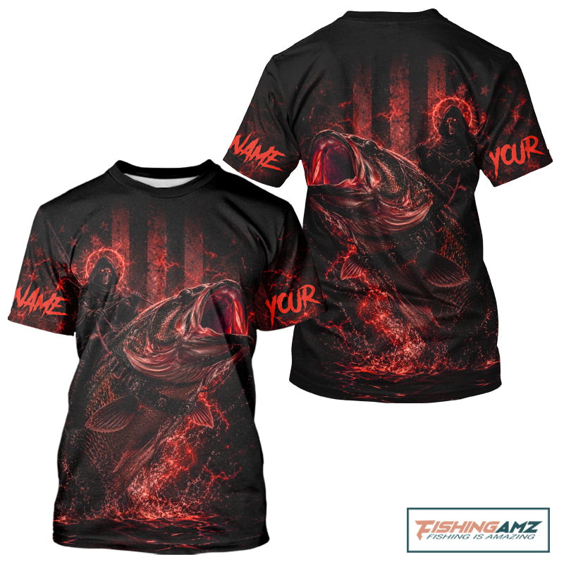 Grim Reaper Bass Fishing Jersey, Largemouth Bass Short Sleeve Performance Fishing Shirt|Red NHT1212