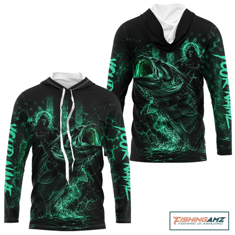 Back view of turquoise hooded fishing shirt made from lightweight polyester with UPF 30+ sun protection.