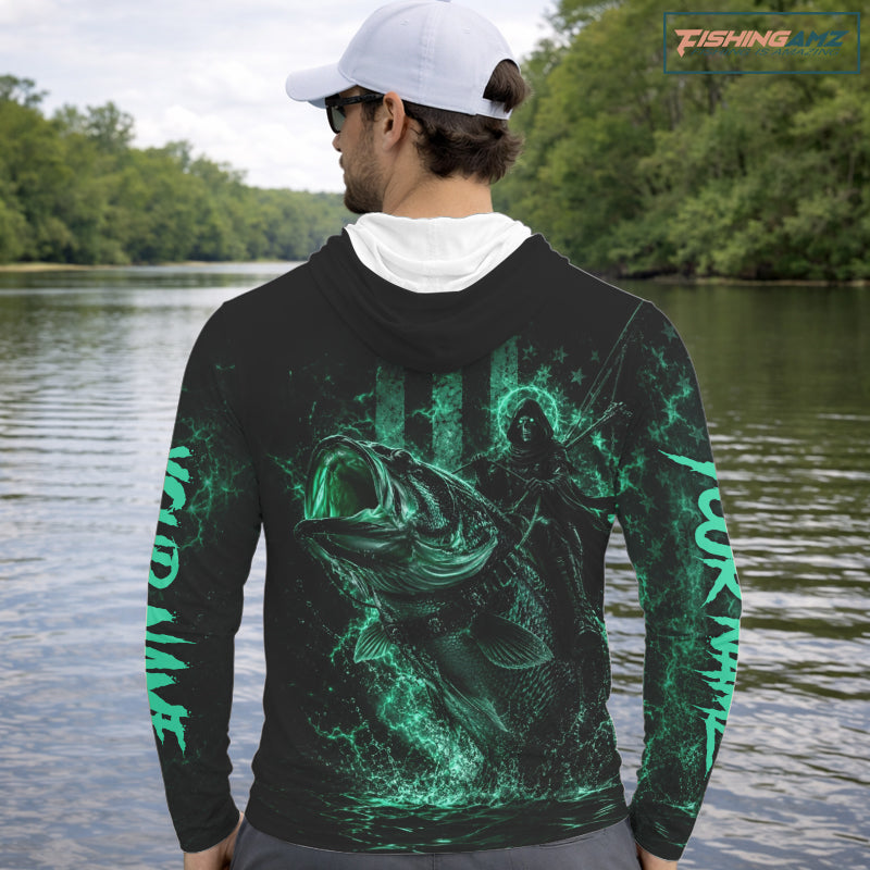 Grim Reaper Bass Fishing Jersey, Largemouth Bass Long Sleeve Hooded Performance Fishing Shirt|Turquoise NHT1213