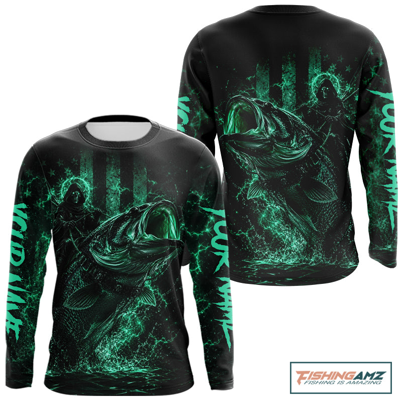 Back view of turquoise bass fishing shirt made from breathable polyester with UPF 30+ sun protection.
