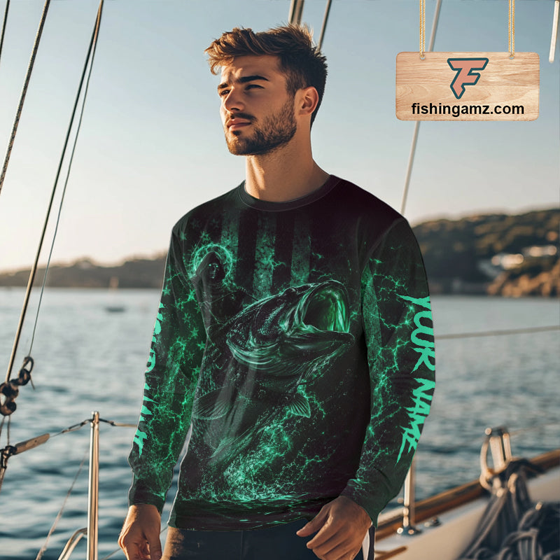 Grim Reaper Bass Fishing Jersey, Largemouth Bass Long Sleeve Performance Fishing Shirt|Turquoise NHT1213